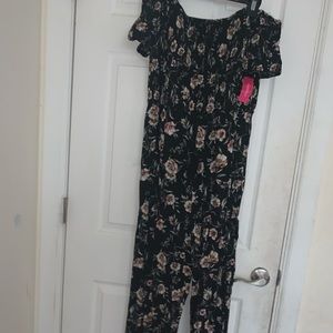 black floral long off the shoulder pant jumpsuit